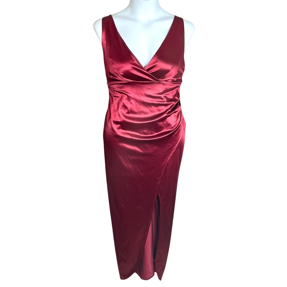 Emerald Sundae Red Satin Plus 14 Slit Prom Formal Gown Dress Surplice‎